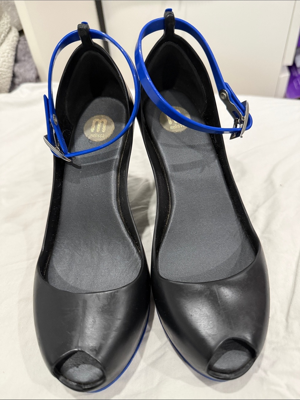 Melissa Black Peep-Toe Wedges with Blue Ankle Strap